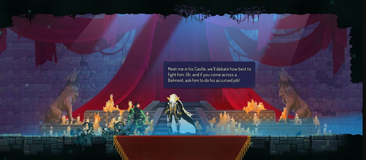 Screenshot from Dead Cells Return to Castlevania DLC featuring Alucard, a white-haired vampire, talking with the main character of Dead Cells, who has a flame for a head.