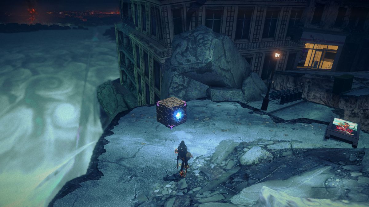 Bayonetta approaches a dark cube with a glowing center in a destroyed city
