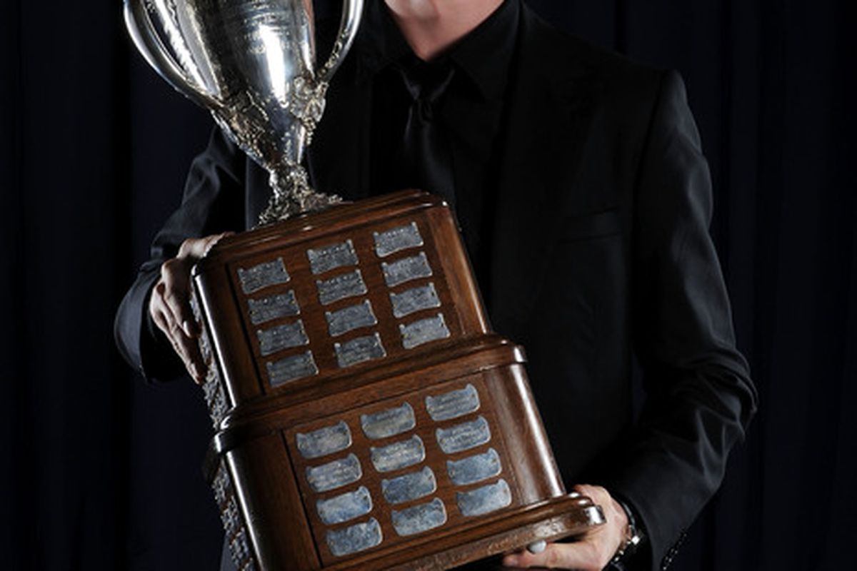 LAS VEGAS - JUNE 23:  Tyler Myers of the Buffalo Sabers poses with the Calder Trophy for a portrait during the 2010 NHL Awards at the Palms Casino Resort on June 23, 2010 in Las Vegas, Nevada.  (Photo by Harry How/Getty Images)