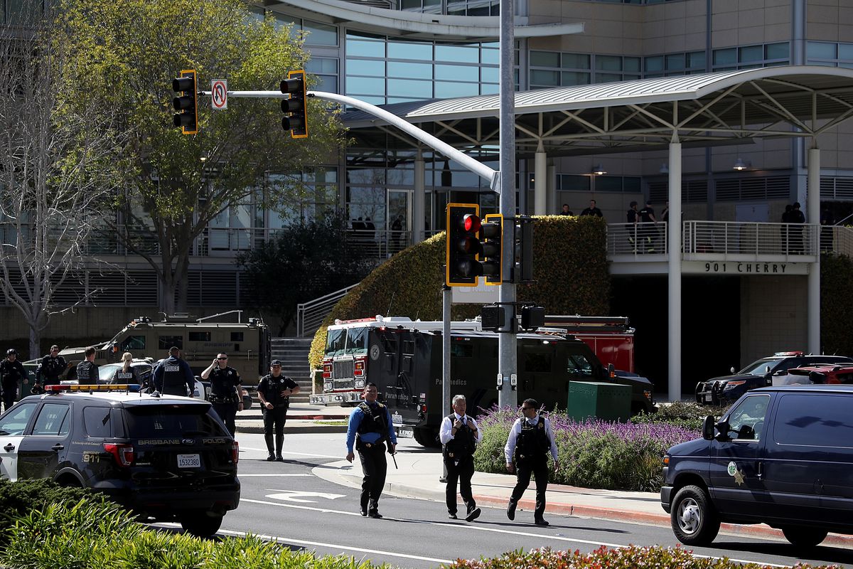 Outside YouTube headquarters in San Bruno, California, after a person opened fire.