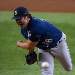 Jul 15, 2022; Arlington, Texas, USA; Seattle Mariners starting pitcher Robbie Ray (38) pitches against the Texas Rangers during the first inning at Globe Life Field. Mandatory Credit: Jerome Miron