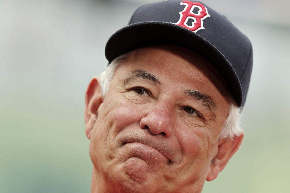 BOSTON, MA - SEPTEMBER 7:  Manager Bobby Valentine #25 of the Boston Red Sox ponders a question before their game against the Toronto Blue Jays at Fenway Park on September 7, 2012 in Boston, Massachusetts.  (Photo by Winslow Townson/Getty Images)