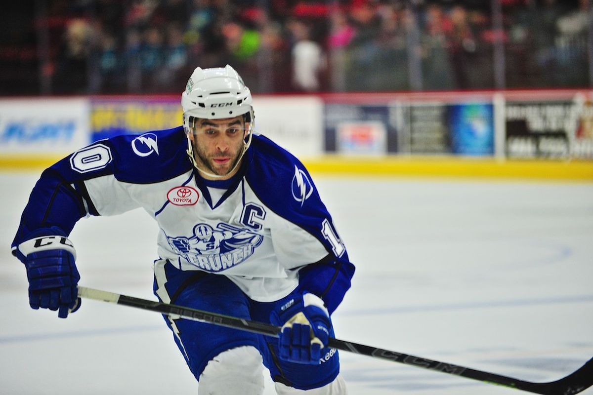 Syracuse Crunch captain Mike Angelidis had a goal and assist during the Crunch's only win of the weekend on Saturday night.