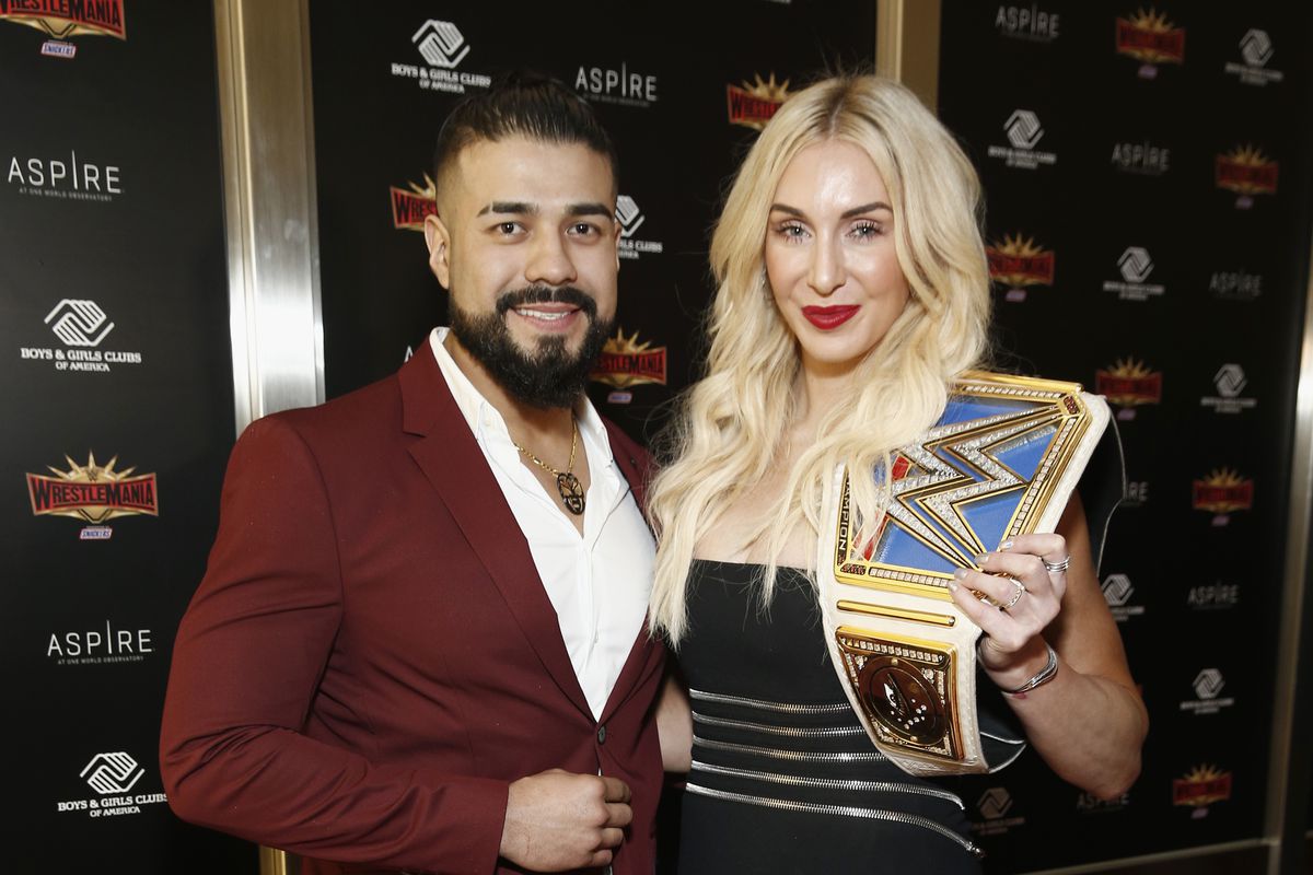WWE Superstars Andrade and Charlotte Flair attend the WWE Superstars For Hope Reception on April 05, 2019 in New York City.
