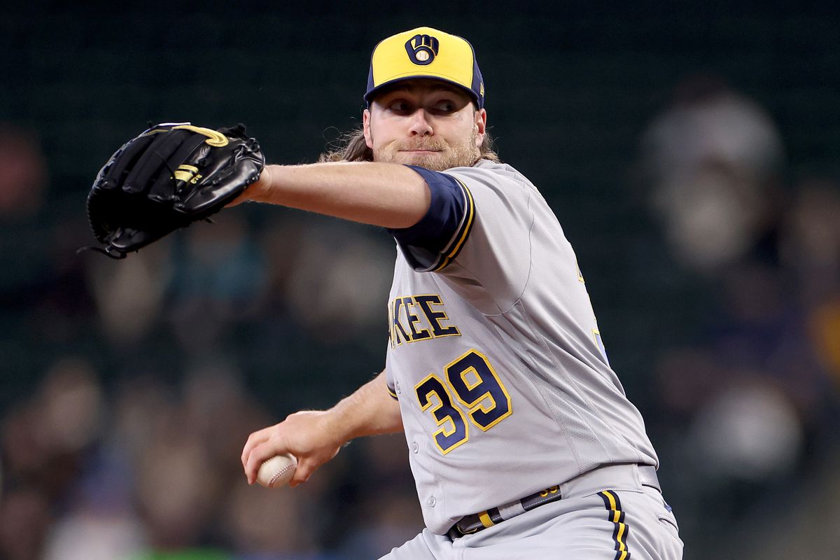 Corbin Burnes of the Milwaukee Brewers pitches during the first inning against the Seattle Mariners at T-Mobile Park on April 17, 2023 in Seattle, Washington.