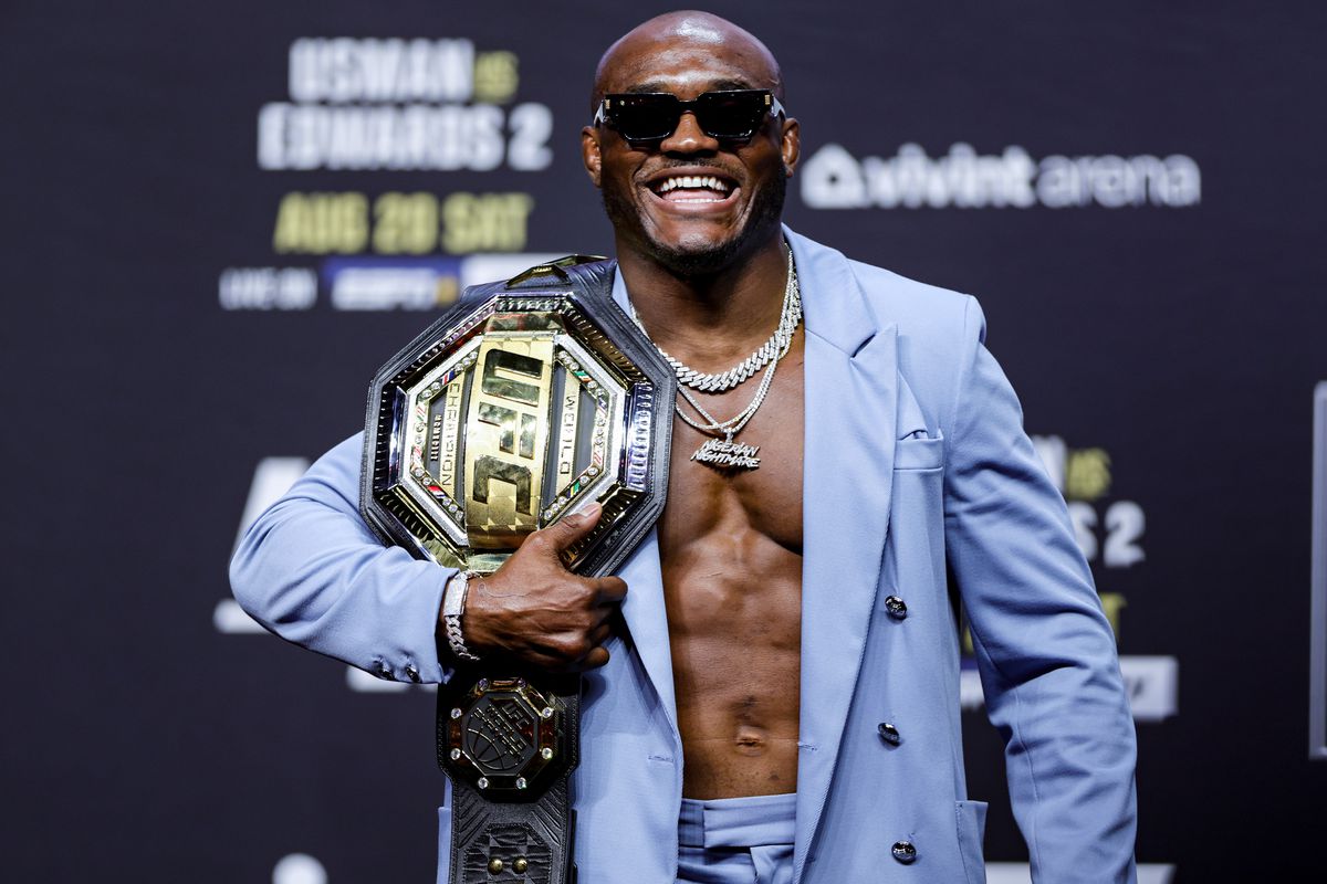 UFC welterweight champion Kamaru Usman is seen on stage during the UFC 276 ceremonial weigh-in at T-Mobile Arena on July 01, 2022 in Las Vegas, Nevada.