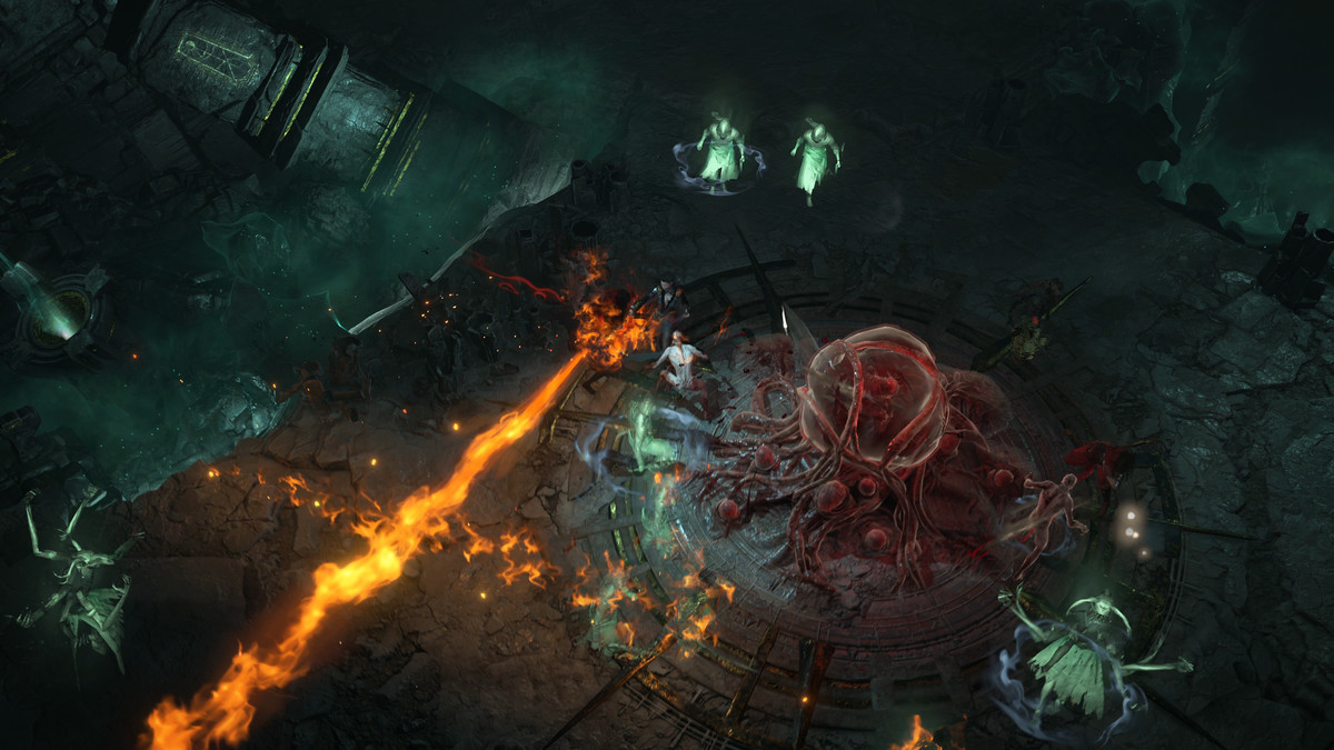 A character fights off enemies with fire-based attacks near a bulbous growth in Diablo 4