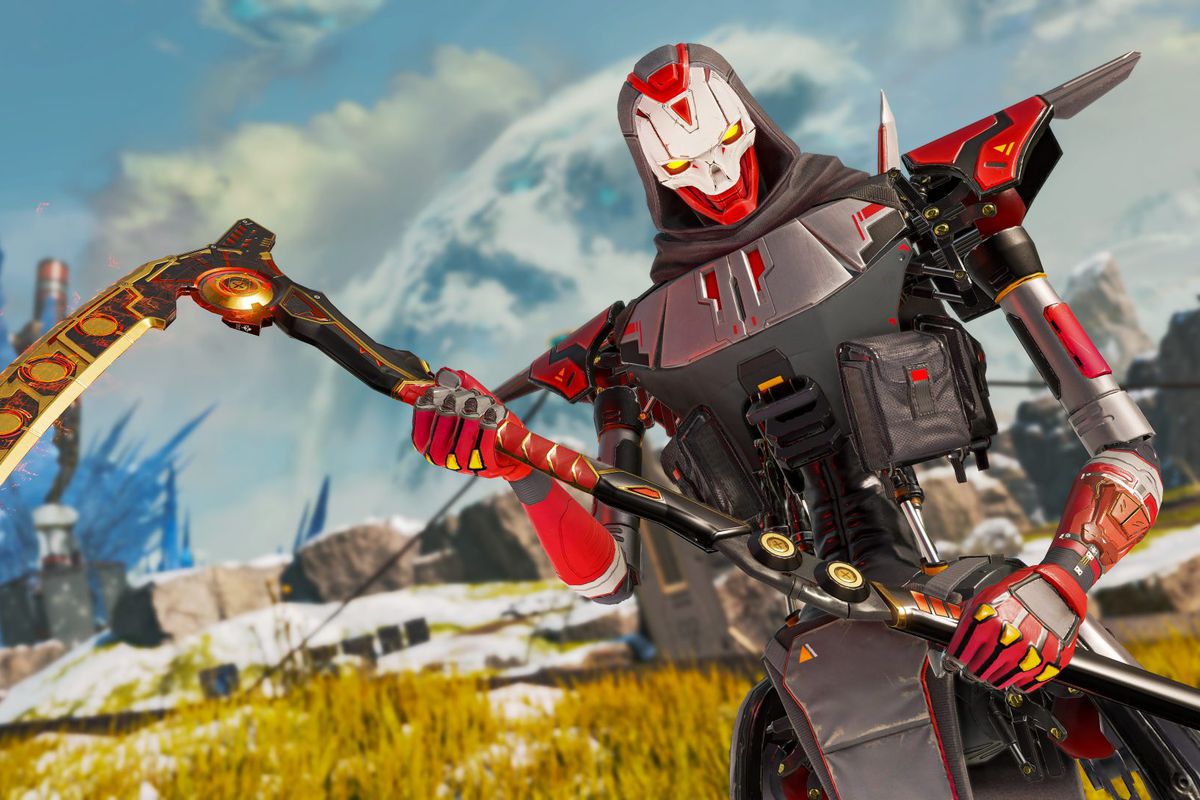 Revenant, a scary killer robot, holding his heirloom weapon, a scythe, in Apex Legends.