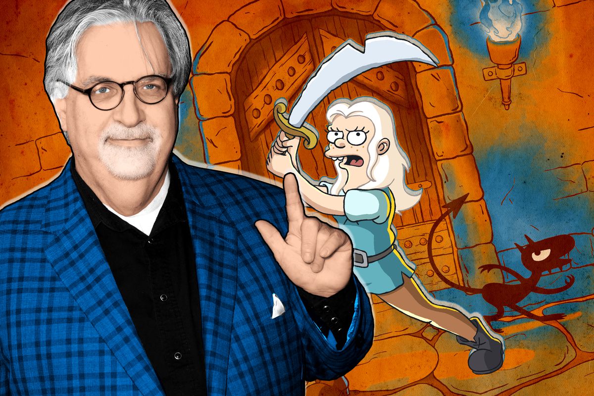 A photo illustration of Matt Groening and a character from ‘Disenchantment’