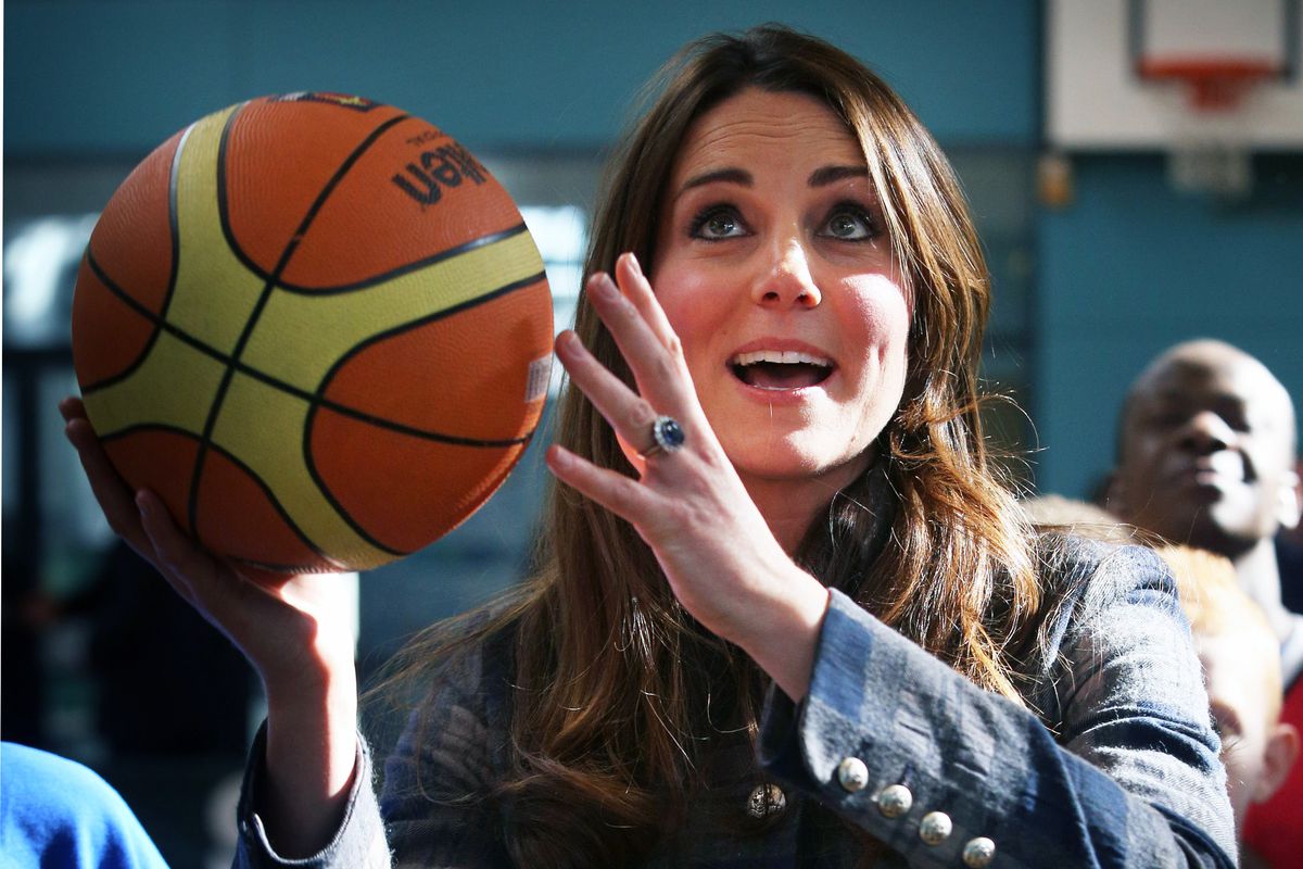 Catherine, the Duchess of Cambridge is shooting a basketball in Glasgow, Scotland, UK. No, I did not speak to the Duchess.