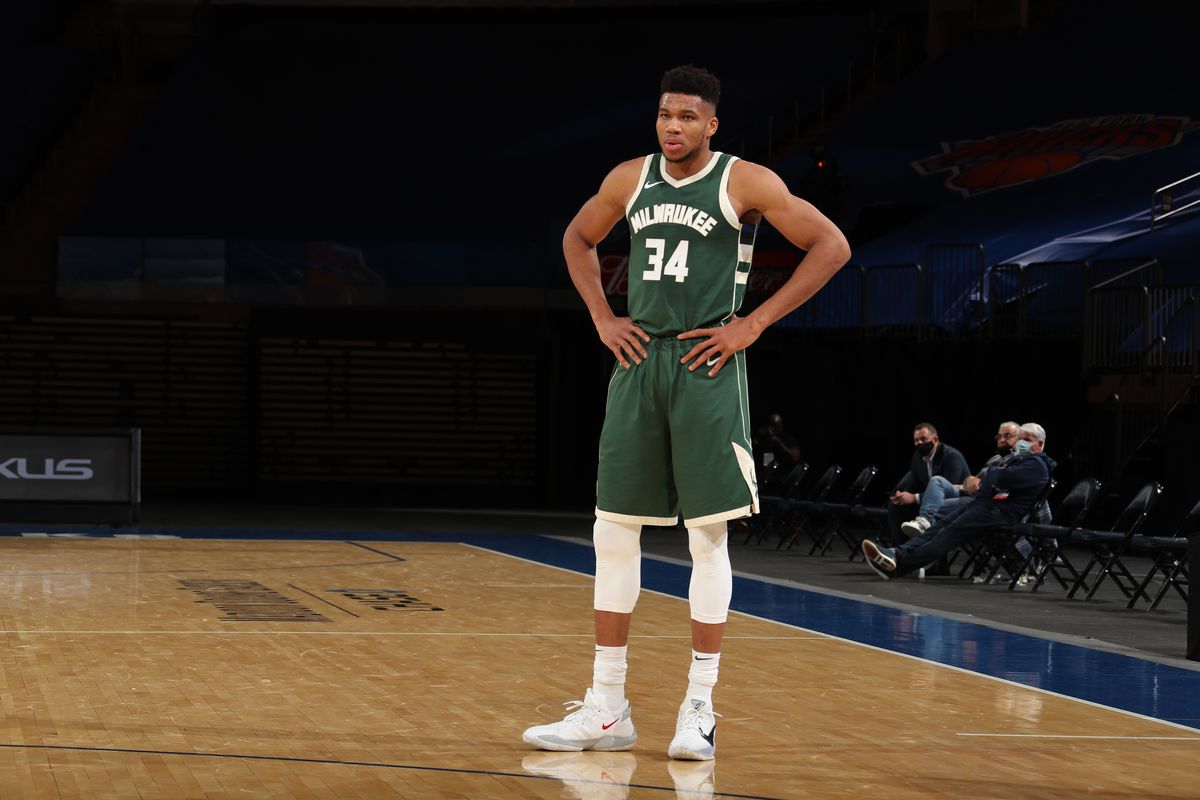 Giannis Antetokounmpo of the Milwaukee Bucks looks on during the game against the New York Knicks on December 27, 2020 at Madison Square Garden in New York City, New York.