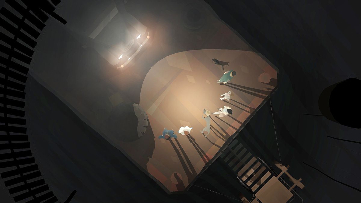 an overhead shot of a car’s headlights shining on five people, a dog, and a cat in Kentucky Route Zero