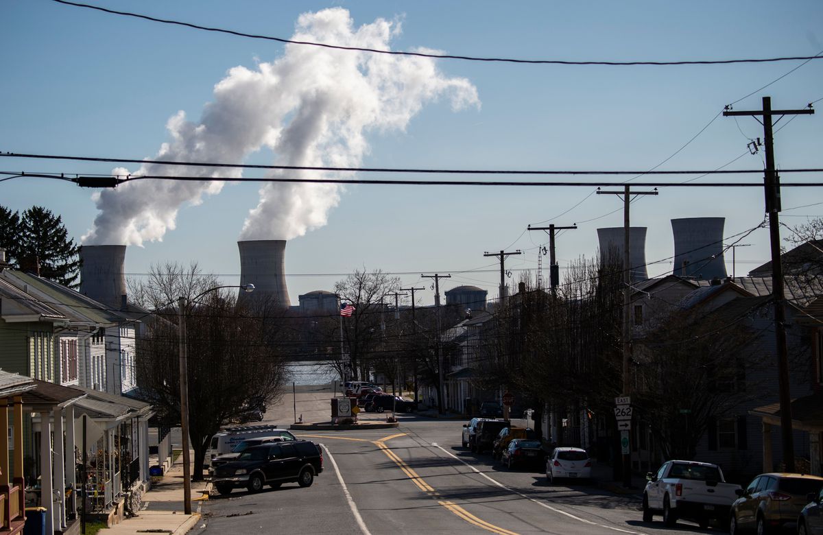 Steam rises out of the nuclear plant on Three Mile Island in Goldsboro, Pennsylvania. 