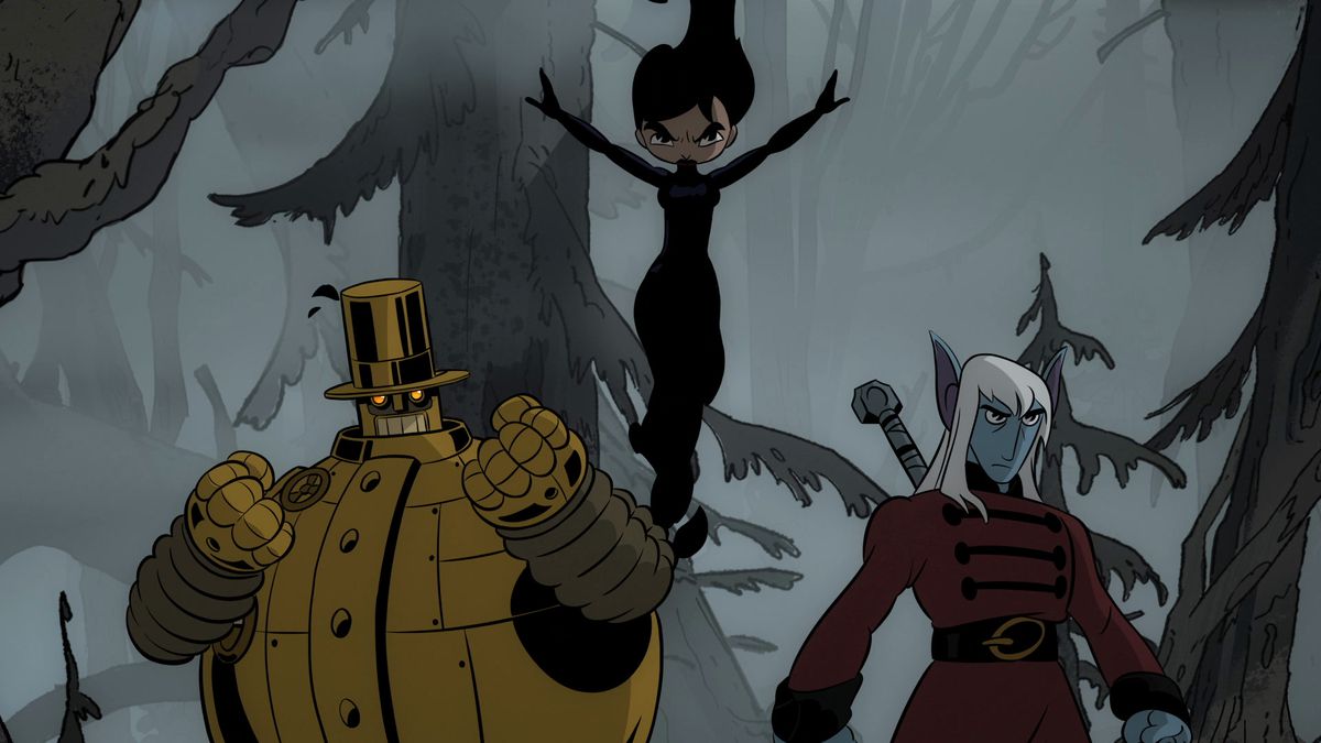 (L-R) A steampunk robot with a top hat (Copernicus), a woman with long dark flowing hair with a solid black silhouette (Melinda/Emma), and an Elven warrior with long white hair and pointy ears (Eldred) in Unicorn: Warriors Eternal.
