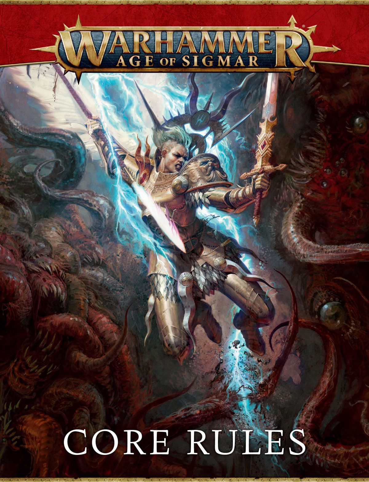 Cover art for the new Warhammer Age of Sigmar third edition Core Rules shows a Stormcast Eternal in battle with a Chaos beast.