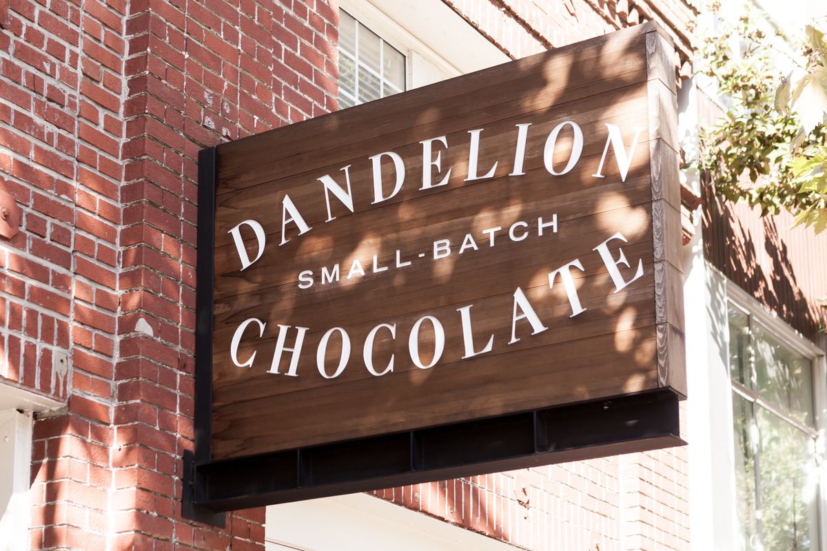 The Dandelion Chocolate sign at the company’s Valencia Street retail cafe.