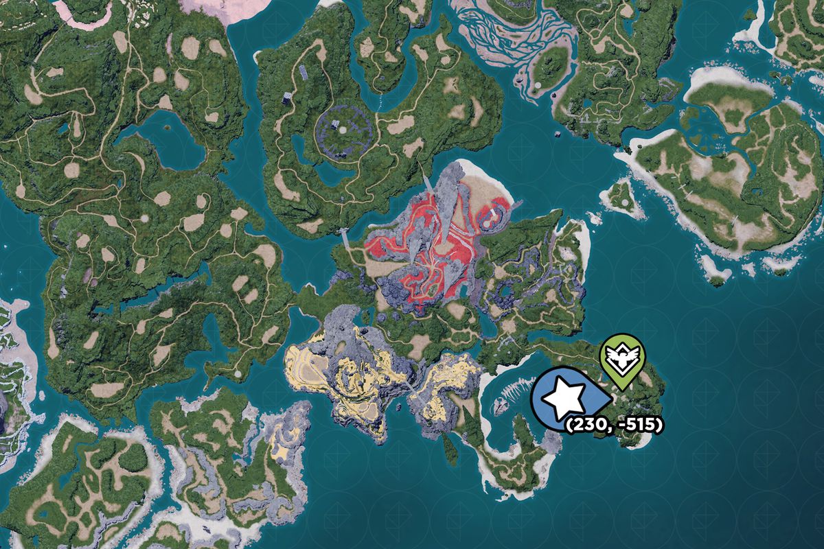A Palworld map showing the best starting base area with its closest teleport point.