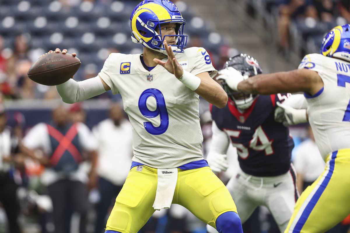 Los Angeles Rams quarterback Matthew Stafford (9) attempts a pass during the first quarter against the Houston Texans at NRG Stadium.