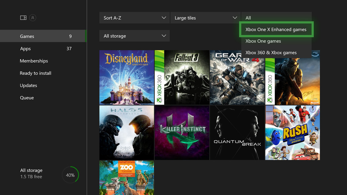 Xbox One X - My Games &amp; Apps screen showing Xbox One X Enhanced games