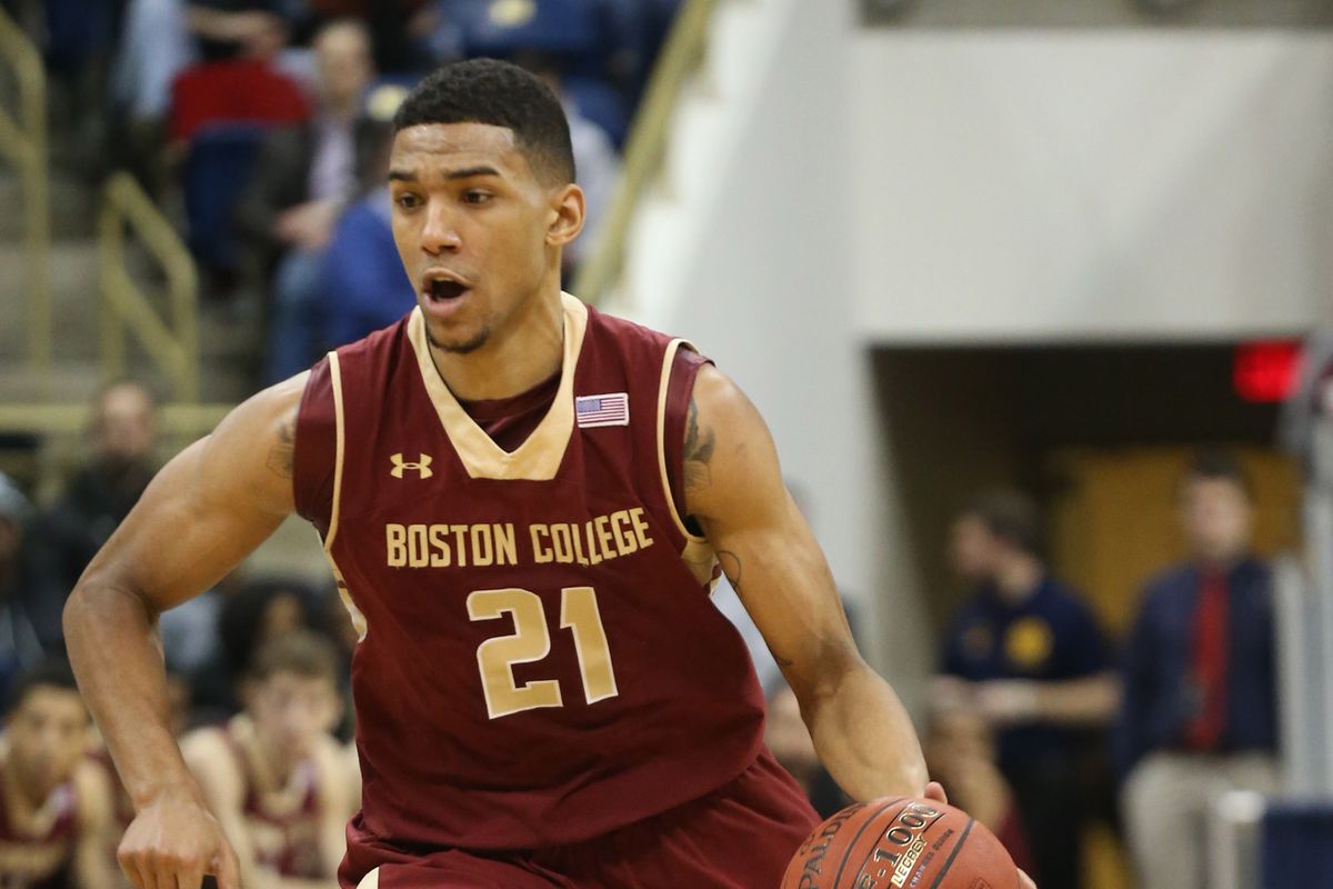 Feb 24, 2015; Pittsburgh, PA, USA; Boston College Eagles guard Olivier Hanlan (21) dribbles the ball against the Pittsburgh Panthers during the first half at the Petersen Events Center
