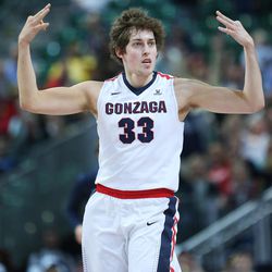 Gonzaga Bulldogs forward Kyle Wiltjer (33) hits a 3-pointer against BYU during the WCC tournament in Las Vegas Monday, March 7, 2016. 