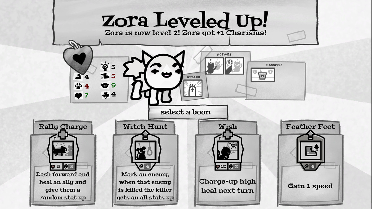 Leveling up a cat in Mewgenics. A cat named Zora is leveling up at the end of a battle and is able to select between four abilities: Rally Charge, Witch Hunt, Wish, and Feather Feet. Each of the abilities has different statistical advantages depending on the cat’s class.