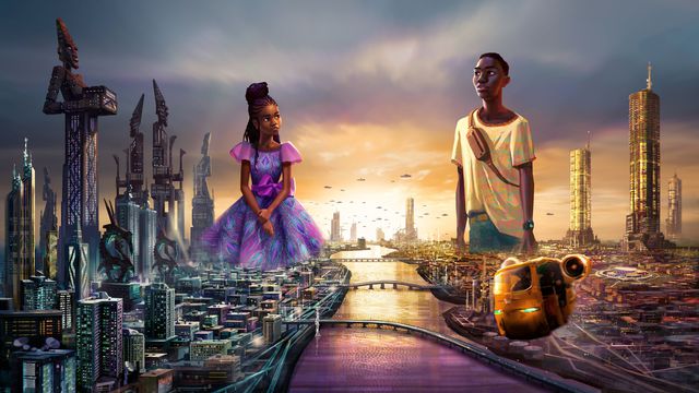 a futuristic cityscape, with two figures hovering over; the city is split in half by a river. the female figure on the left side has brown skin with hair in braids and wears a purple dress. this side of the city is grey. The right side is golden and brown and the male figure wears a yellow shirt with a fanny pack strapped over his shoulder. 