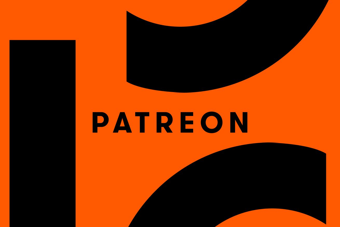 Image of the Patreon logo, on an orange background.