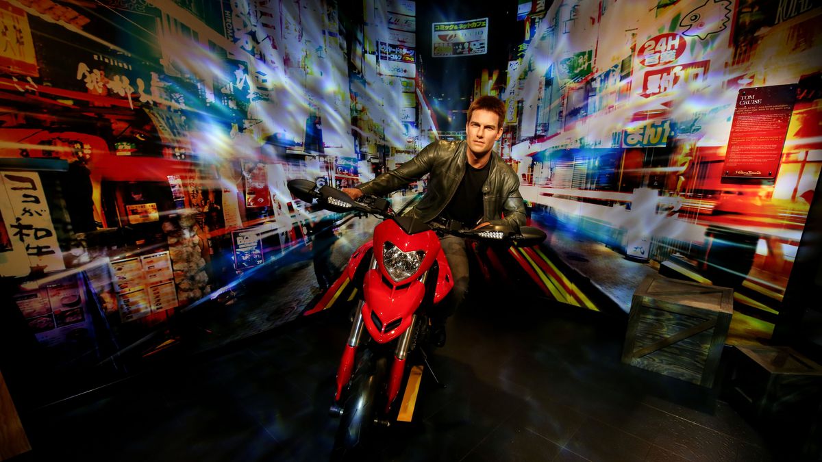 A wax statue of Tom Cruise sits on a motorcycle at Madame Tussauds Wax Sculpture Museum in Istanbul