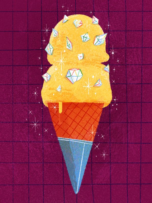 An illustration of an ice cream cone studded with diamonds.