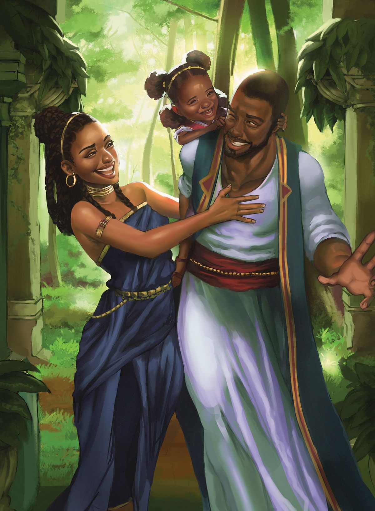 A Black man and his family wearing robes in a lush landscape. They are laughing.