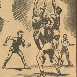 This illustration appeared in the Deseret News in 1950. The caption reports that 1,000 teams consisting of more than 10,000 players from Canada, Mexico, and the United States, including Hawaii, made it the largest basketball tournament in the world. 