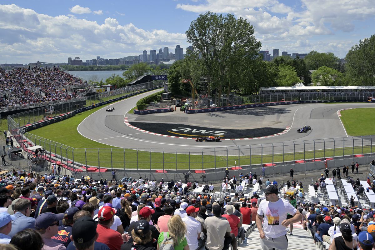 General view of the Senna turn from the stands during the Formula One free practice session at circuit Gilles Villeneuve.