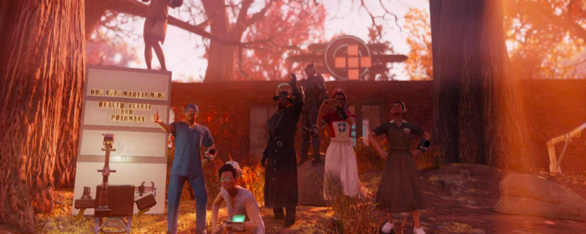 A bevy of hospital workers in Fallout 76 pose for the camera.