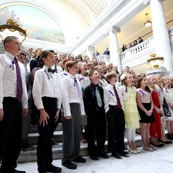 Northridge Elementary School's chorus dedicates its performance to Eric Longhurst, the 11-year-old killed in an auto-pedestrian accident last week, during "Music on the Hill" at the Capitol in Salt Lake City on Wednesday, March 9, 2016. “Eric Longhurst has been part of our chorus for the last two years. His vibrant energy and enthusiasm for life were evident in his singing. His voice will be deeply missed in our chorus,” said Kathy Vest, the chorus' director.