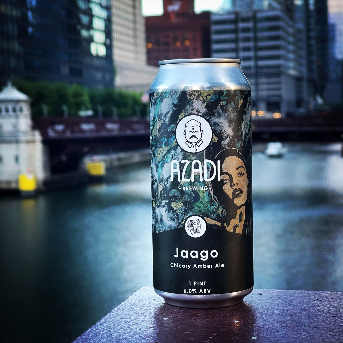 A talboy beer can with the Chicago River in the background.