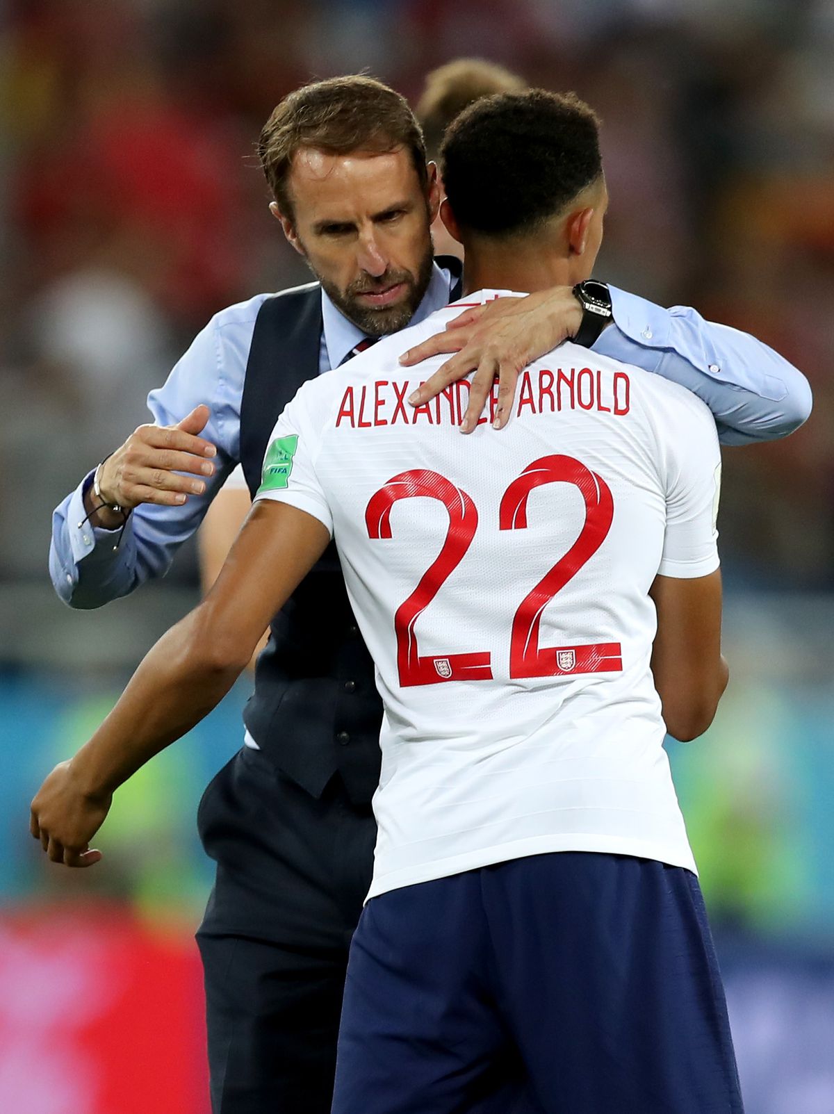 Gareth Southgate, Manager of England hugs Trent Alexander-Arnold - England v Belgium - 2018 FIFA World Cup Russia