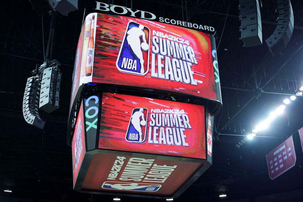 NBA Summer league logos are shown on the scoreboard before a 2023 NBA Summer League game between the Denver Nuggets and the Milwaukee Bucks at the Thomas &amp; Mack Center on July 07, 2023 in Las Vegas, Nevada.&nbsp;