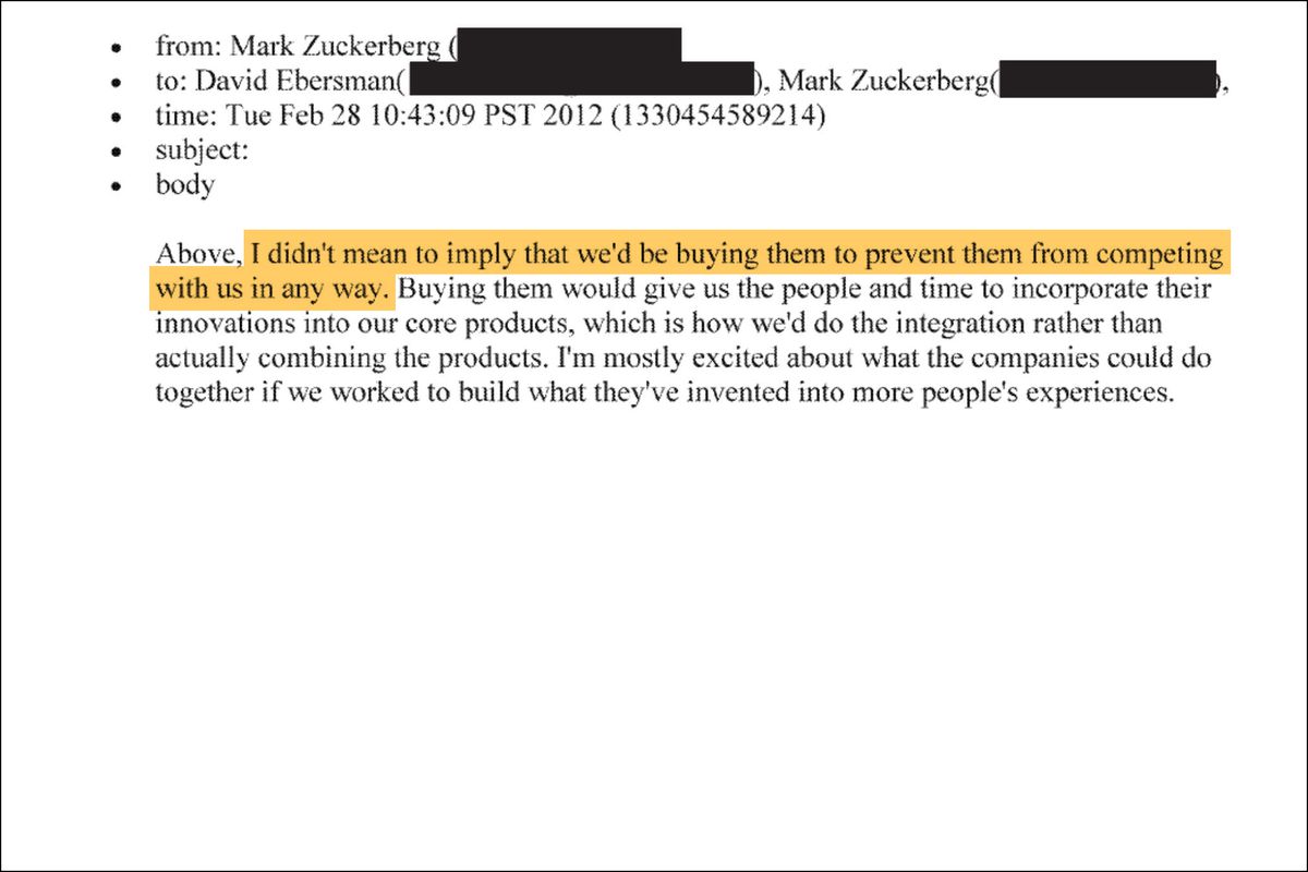 From Mark Zuckerberg to David Ebersman, Tuesday February 28, 10:43am, 2012. “I didn’t mean to imply that we’d be buying them to prevent them from competing with us in any way.”