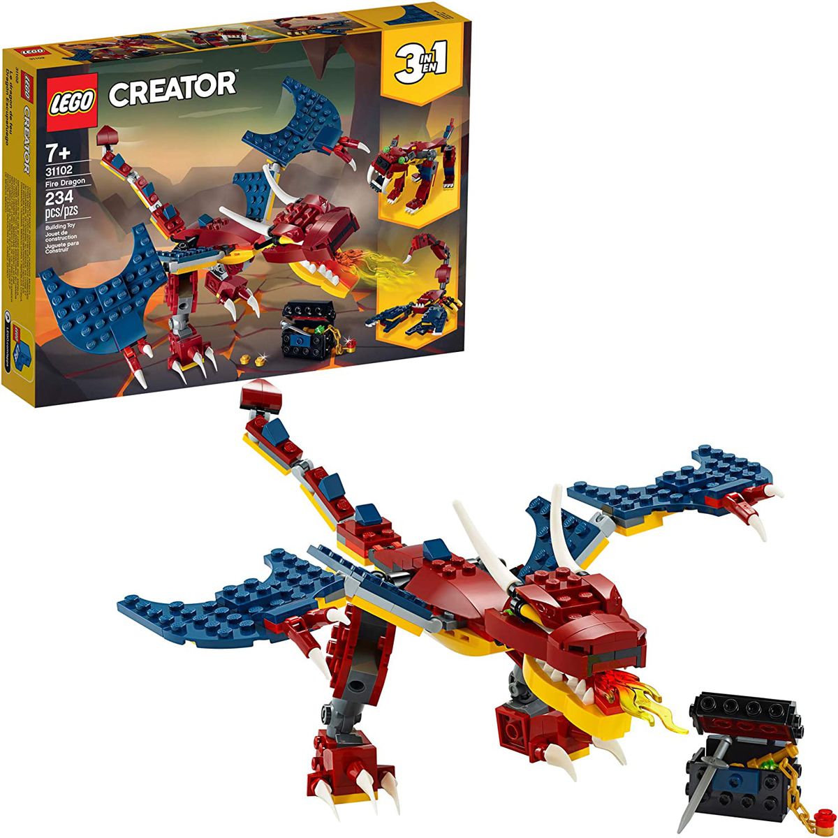 The box and one completed version of the 3-in-1 Fire Dragon set