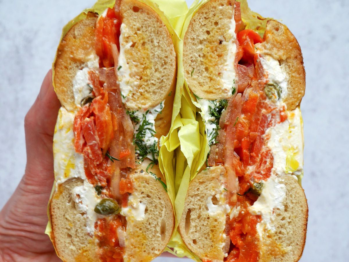 A photo of Ben &amp; Esther’s vegan lox bagel sandwich