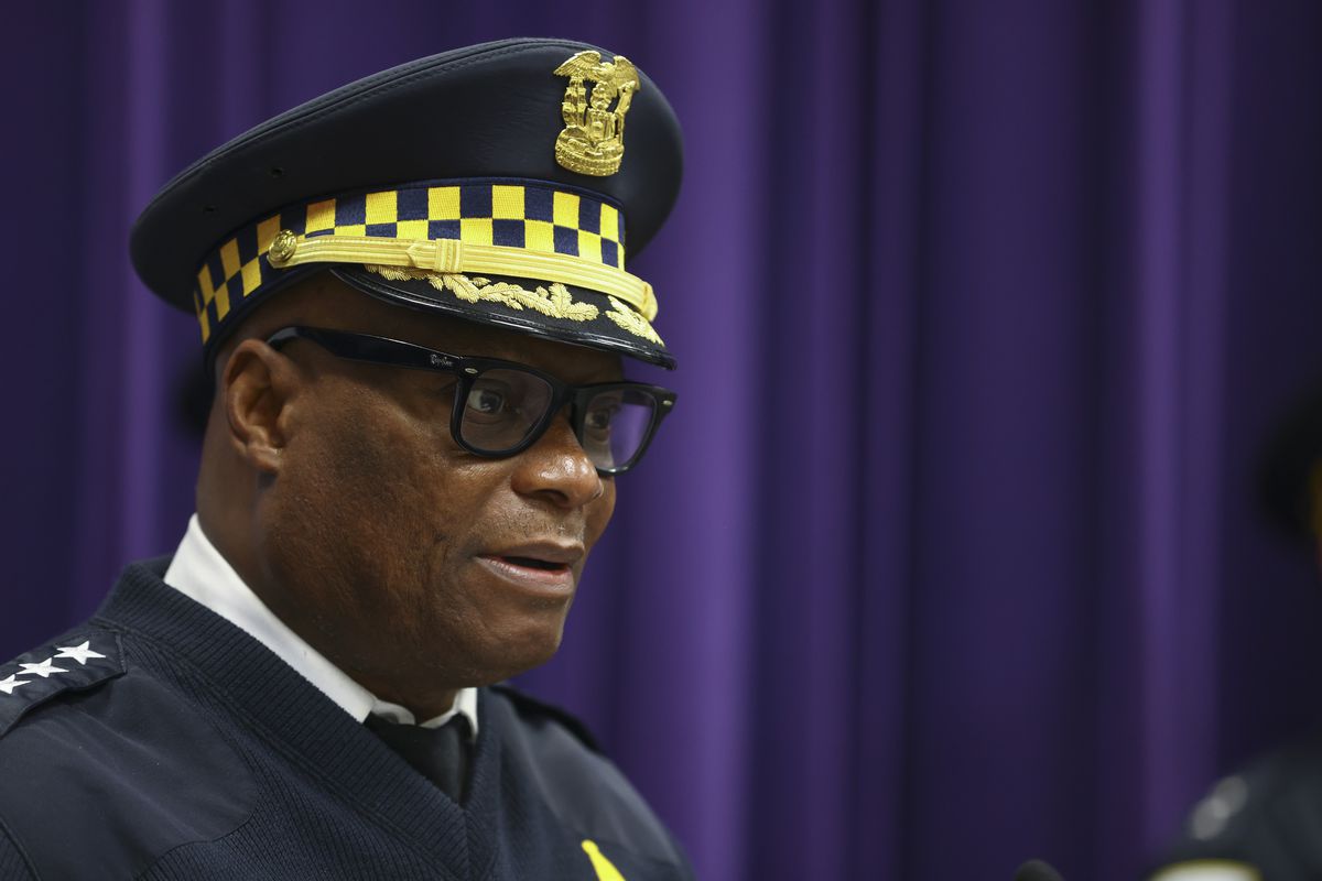 Chicago Police Supt. David Brown speaking at a news conference.