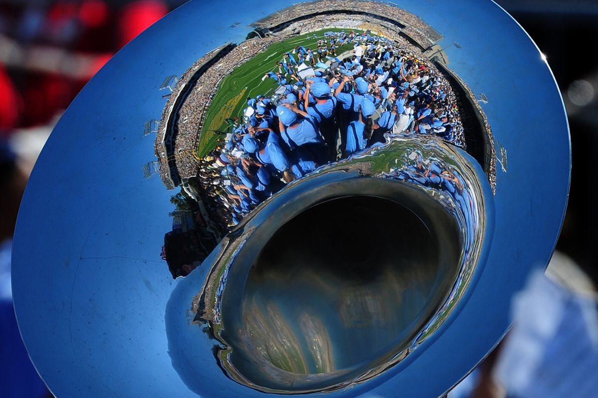 Board of Trustees meetings are not photographed, so here's the UNC pep band reflected in a sousaphone.