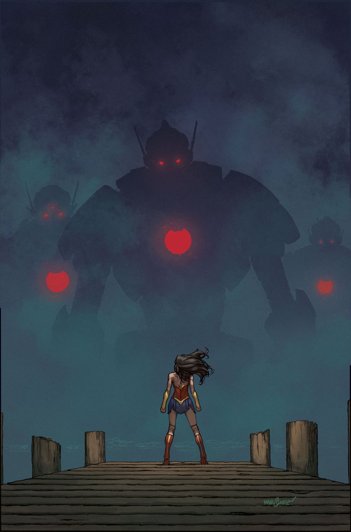 Wonder Woman #760: Wonder Woman stands on a dock in front of a fleet of robots coming through fog