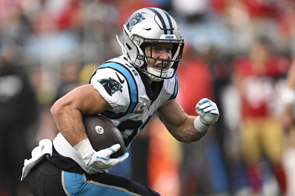 Christian McCaffrey #22 of the Carolina Panthers runs the ball for a touchdown during the second half in the game against the San Francisco 49ers at Bank of America Stadium on October 09, 2022 in Charlotte, North Carolina.
