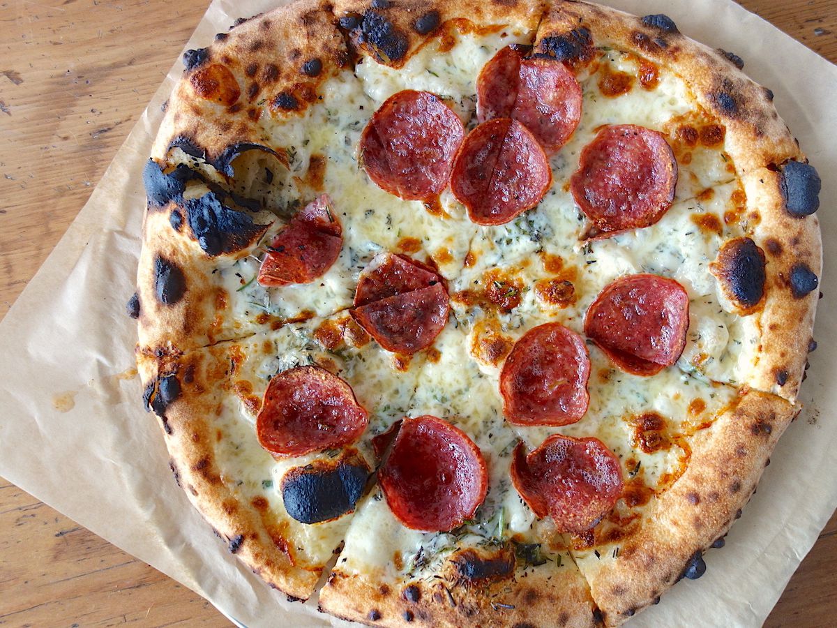 Pepperoni pizza with gorgonzola