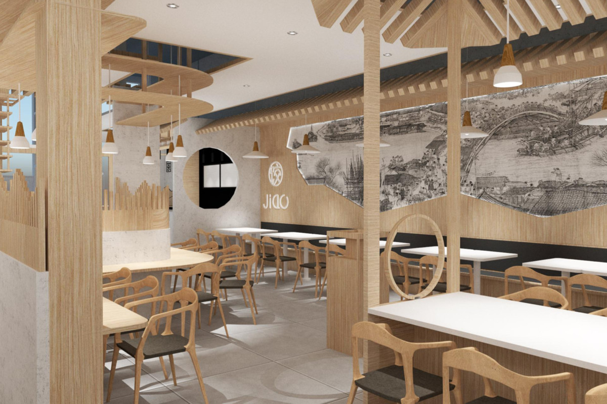 A computer rendering of a Chinese restaurant with lots of light woods, chairs.