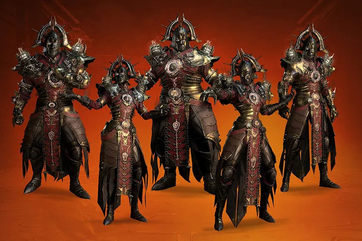A group of heroes dressed in Season of the Construct armor in Diablo 4