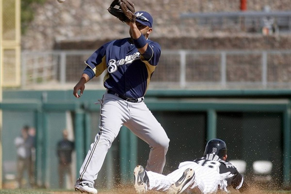 Eric Farris wasn't even with the Brewers long enough to get his picture taken. Here's one of him from this spring.