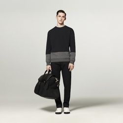 French Terry Sweatshirt in Navy/Grey, $29.99; Pant in Navy, $39.99; Valise in Black, $59.99; High Top Sneaker in White, $44.99